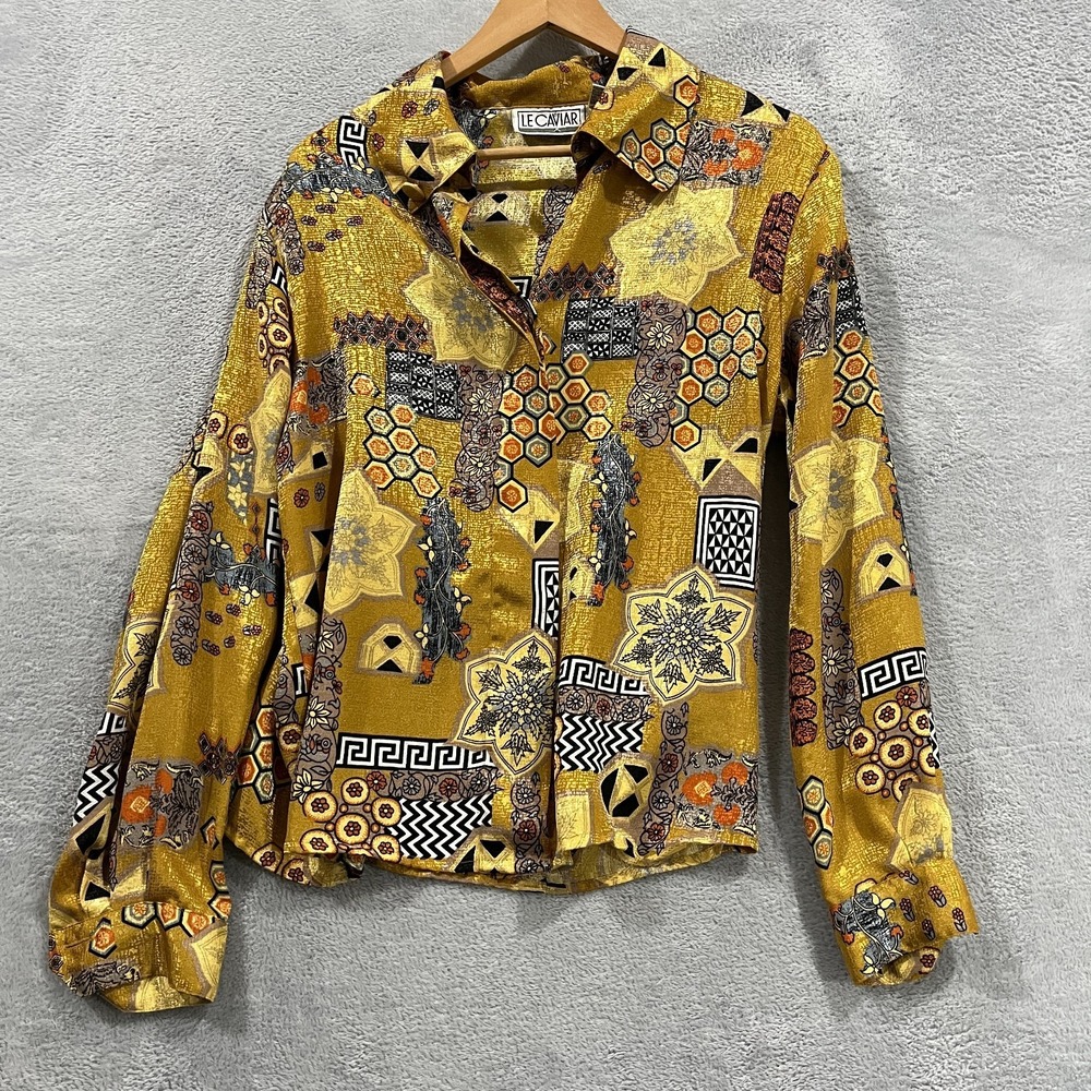 Vintage Le Caviar Women's Blouse 10‎ Button up Floral Geometric Padded Shoulders